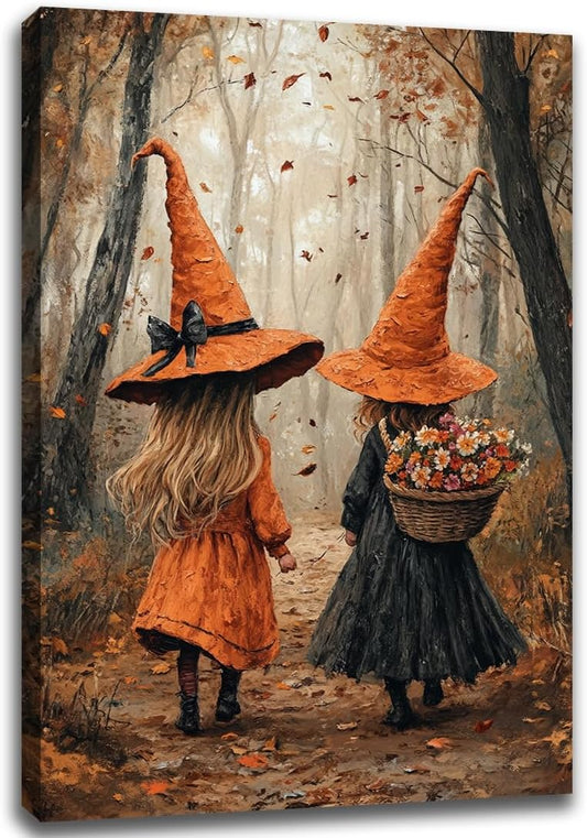 Fall Wall Art Witch Picture Decor,Little Girl Witch Halloween Wall Art, Vintage Autumn Whimsical Woodland Forest Picture, Family Room Nursery Playroom Children Room Decoration,12"x18" Framed