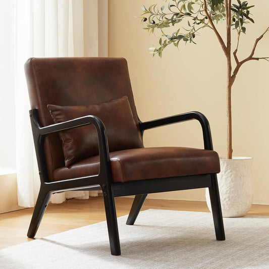 Accent Chair Mid Century Modern Armchair with Lumbar Support Pillow Wood Legs PU Leather Upholstered Lounge Chairs Comfy High Back Cushion for Living Room Bedroom
