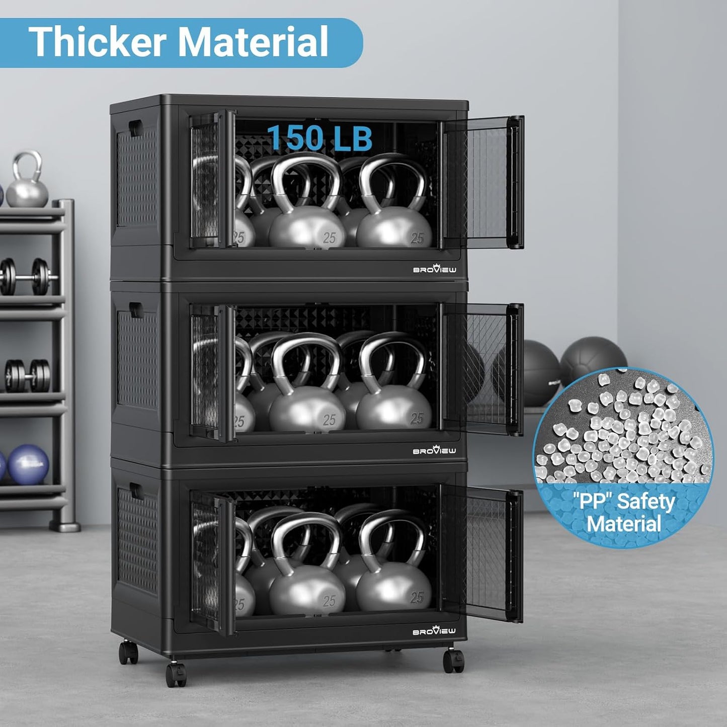 600Qt Stackable Storage Bins with Lids, 150Gal Closet Organizers and Storage Drawer, Plastic Collapsible Storage Bins with Doors, Heavy Duty Store Box Cabinet for Home Kitchen, 6Pack Black