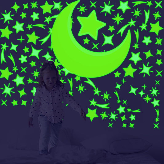 Glow in The Dark Moon Stars Stickers, 150 PCS Glowing Luminous Falling Star Wall Decals Moon Star Ceiling Stickers for Kids Boys Girls Bedroom Nursery Playroom Party Room Decor