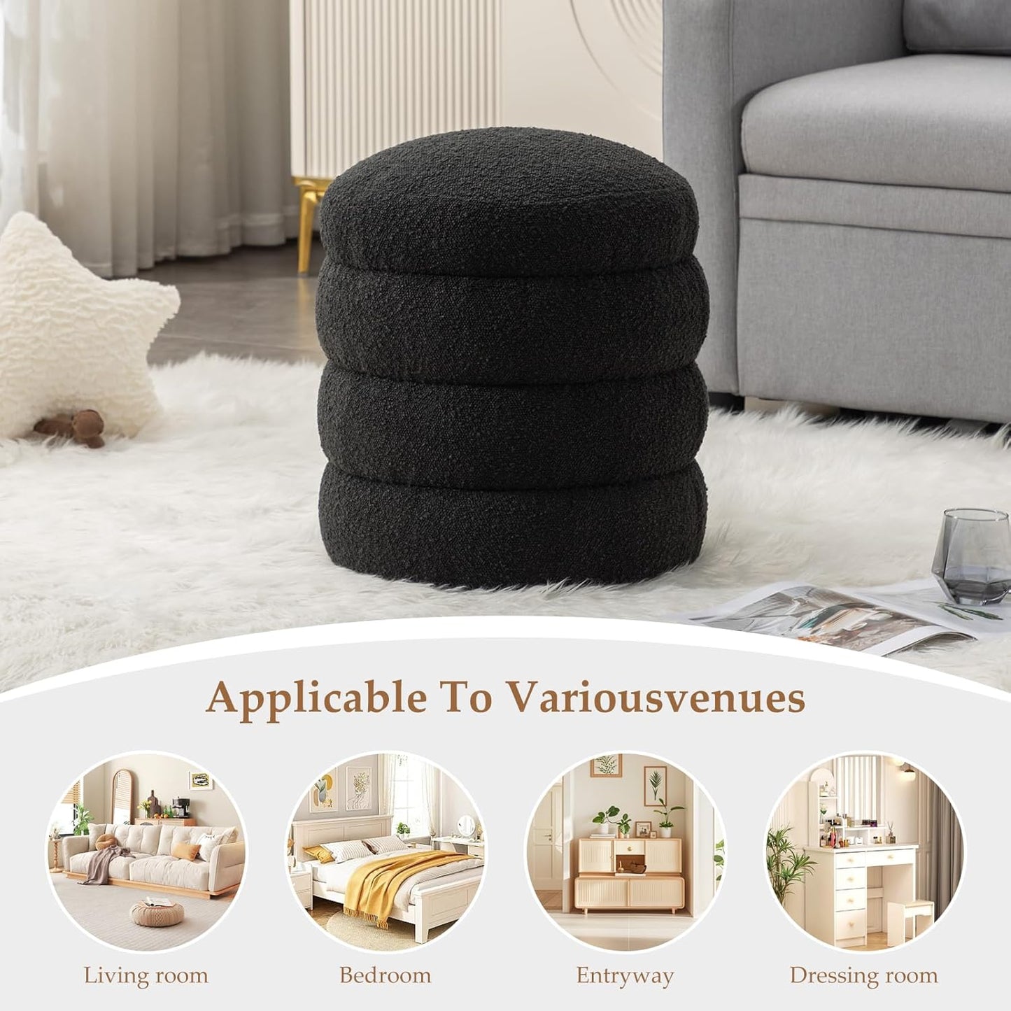 Furniliving Modern Round Ottoman, Soft Bedroom Ottoman Footstool Round Ottomans Stool for Living Room, Bedroom, Makeup Room, Black, Boucle