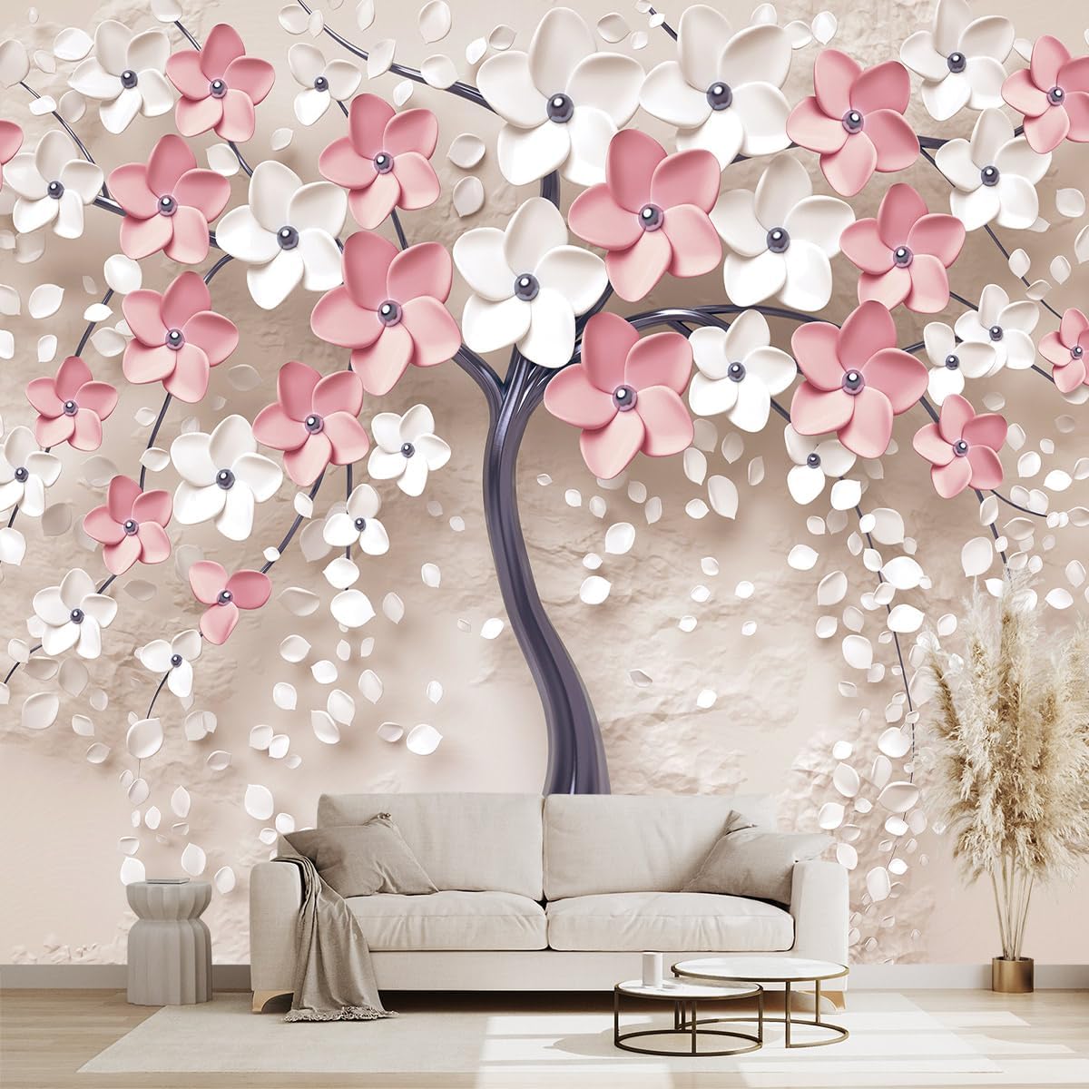 3D Relief Abstraction Pink Flowers Tree Mural Bedroom Floral Wallpaper Room Decor Living Room tv Background Large Wall Mural - 91"x65" (Not Peel and Stick)