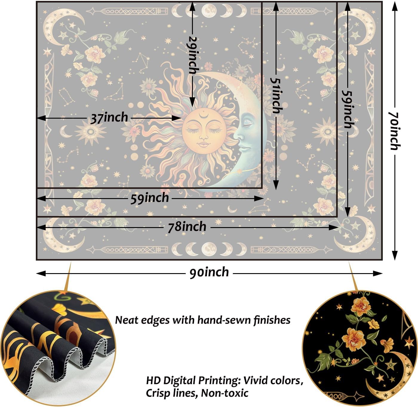 ARTCREATOR Sun and Moon Tapestry Astrology Space Wall Hanging Boho Hippie Floral Plant Tapestries Aesthetic Vintage Mandala Flower Decor for Living Room Bedroom (59" x 78")