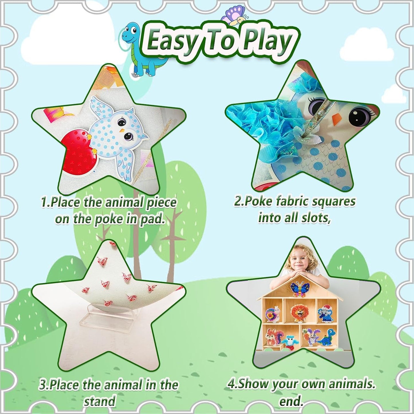 mom&myaboys Poke A Dot Art Kit - Animals Theme with Snail, Lion, Owl, Squirrel, Butterfly | No-Mess Sewing Craft for Kids Ages 4-8 | Creative Toys for Girls & Boys | Fun Gift for Birthday, Christmas