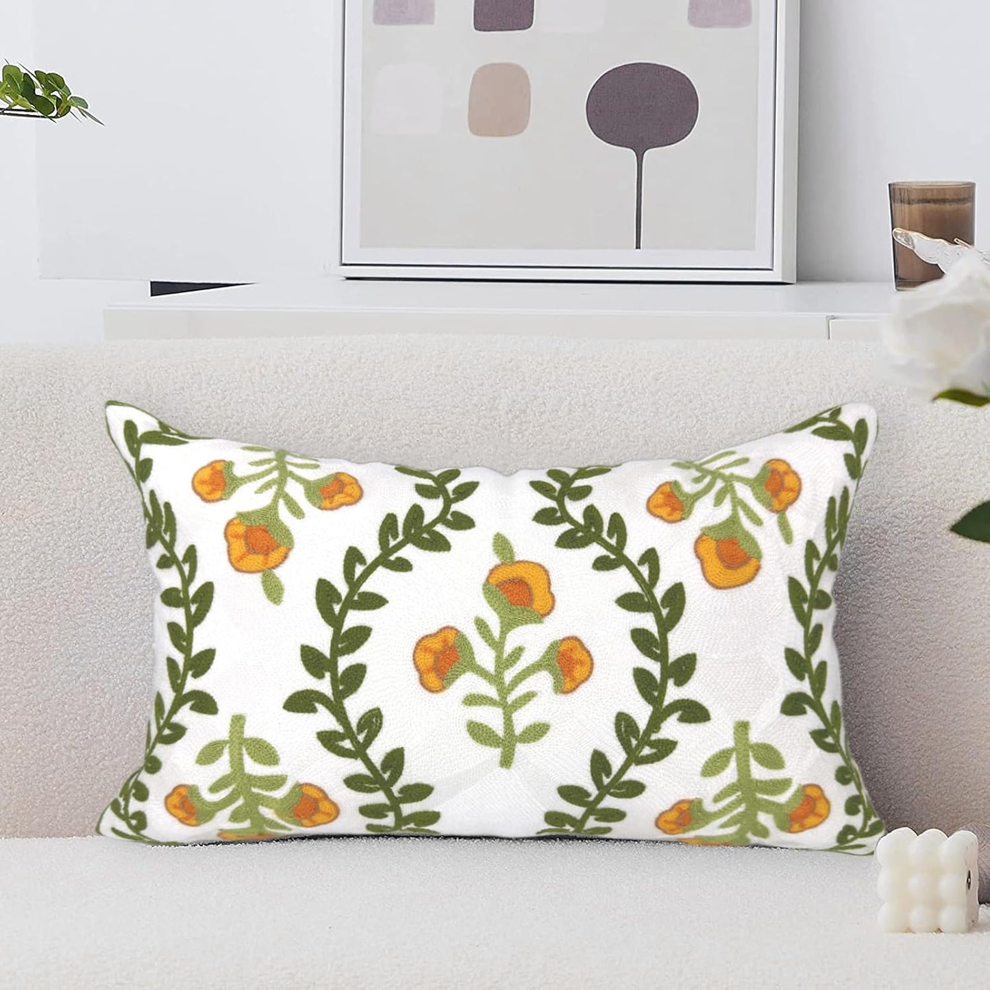 Alysheer Flower Embroidered Summer Decorative Lumbar Throw Pillow Cover 12"x 20", Farmhouse Cottage Orange Floral Green Leaves Patterned Cotton Canvas Cushion Case for Sofa Couch Bed Living Room