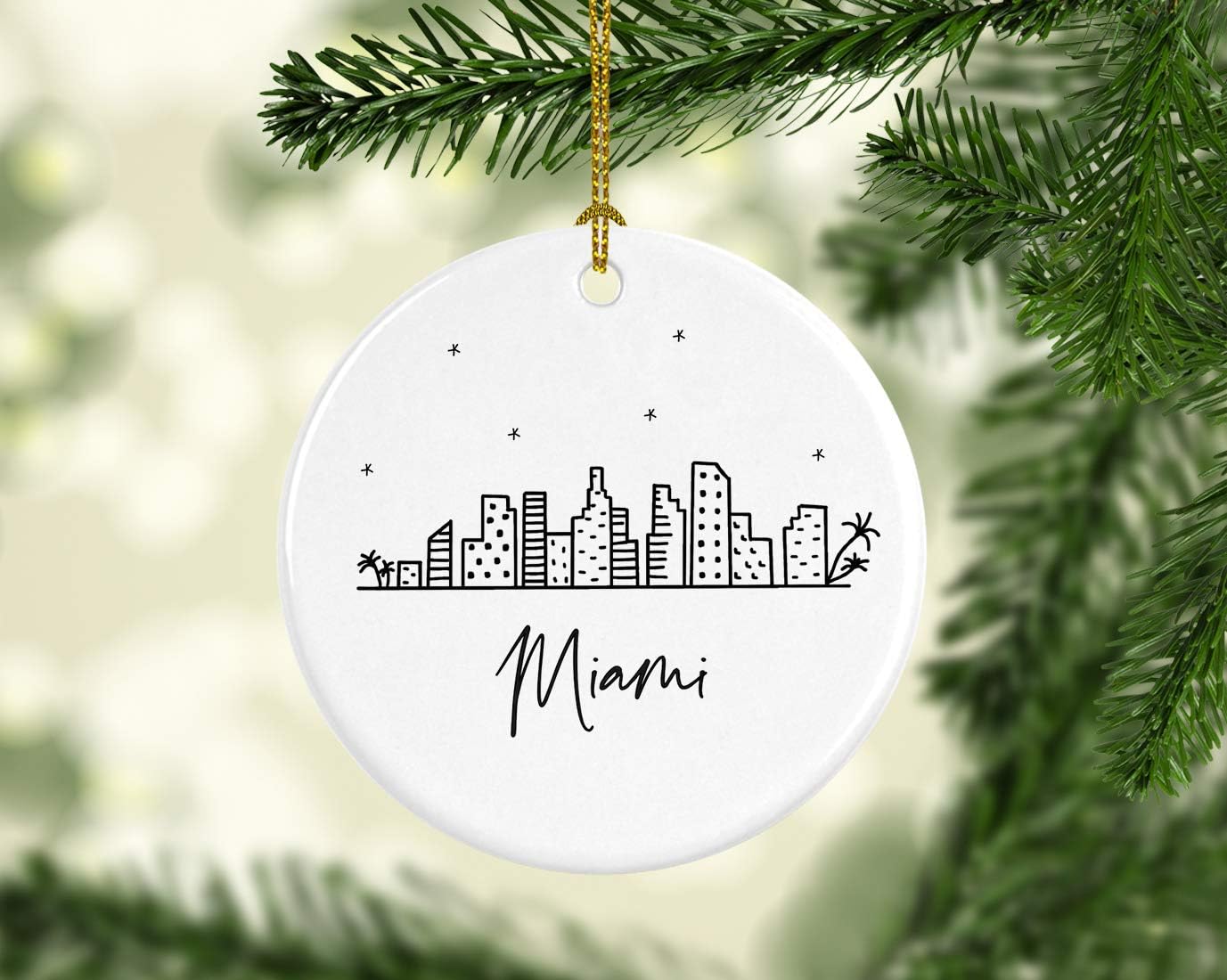 Andaz Press Round Ceramic Porcelain Christmas Tree Ornament Keepsake, Miami Black and White Stars City Skyline Graphic, 1-Pack, Birthday Gift Ideas Family Coworker Him Her, Includes Gift Box