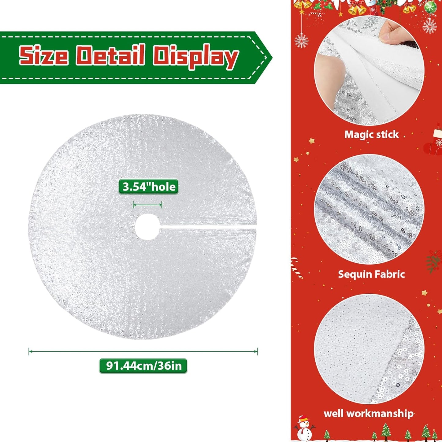 Eternal Beauty Christmas Tree Skirt, 36 Inch Silver Sequin Tree Skirt Small Xmas Tree Skirt for Christmas Tree Decorations