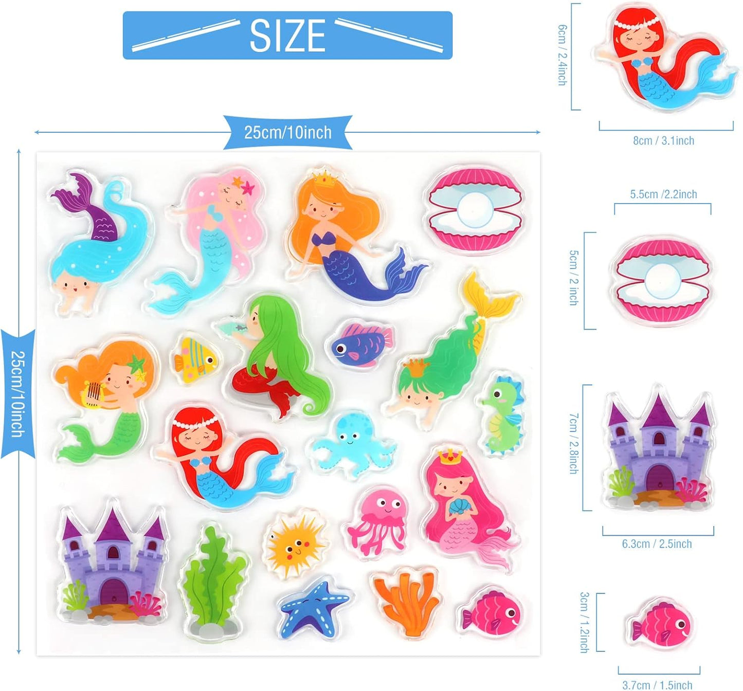 20 PCS Mermaids Thick Gel Under The Sea Window Gel Clings Decals Stickers for Kids Toddlers and Adults Home Airplane Classroom Nursery Mermaids Party Supplies Decorations Removable and Reusable