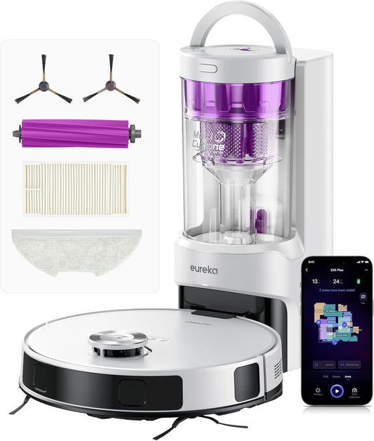 Eureka E20 Plus Robot Vacuum and Mop Combo, Robot Vacuum Cleaner with Bagless Self Emptying Station, 45-Day Capacity 8000Pa Suction and Anti Hair-Tangling Brush App Control LiDAR Navigation