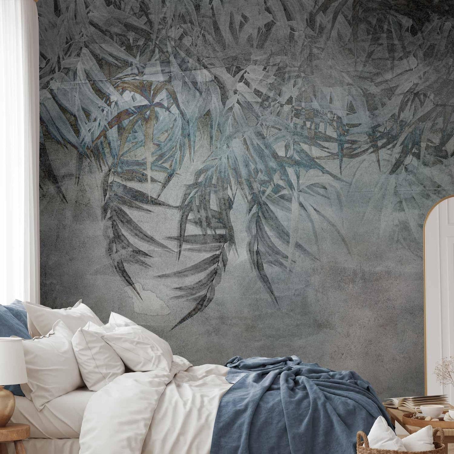 artgeist Premium Wall Mural Leaves 157x110 in - XXL Non-Woven Wallpaper Fleece Wall Decor Photo Print Picture Image Design Palm Leaves Concrete Nature Grey b-C-10103-a-a