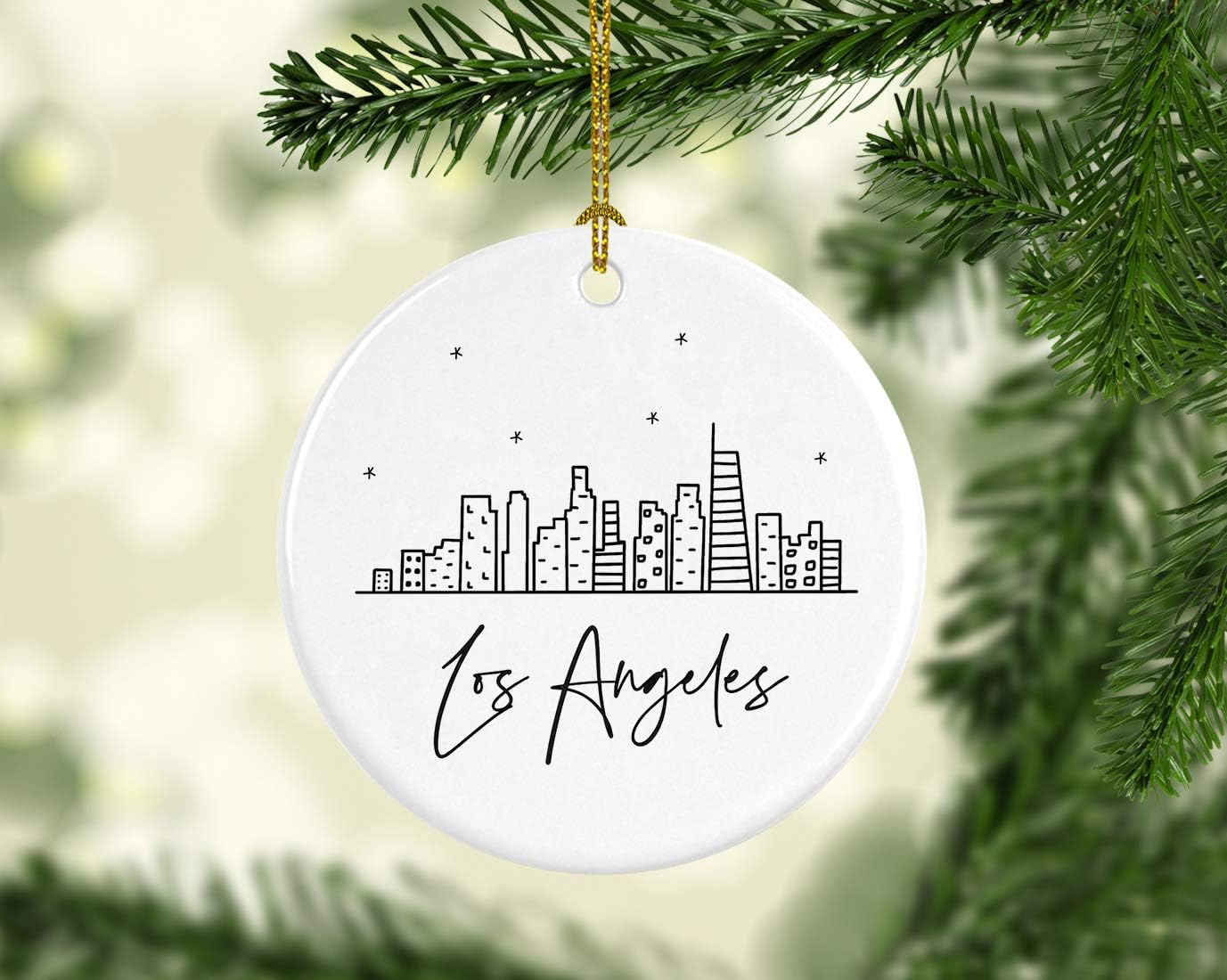 Andaz Press Round Ceramic Porcelain Christmas Tree Ornament Keepsake Gift, Los Angeles, Black and White Stars City Skyline Graphic, 1-Pack, Birthday Ideas Family Coworker Him Her, Includes Gift Box
