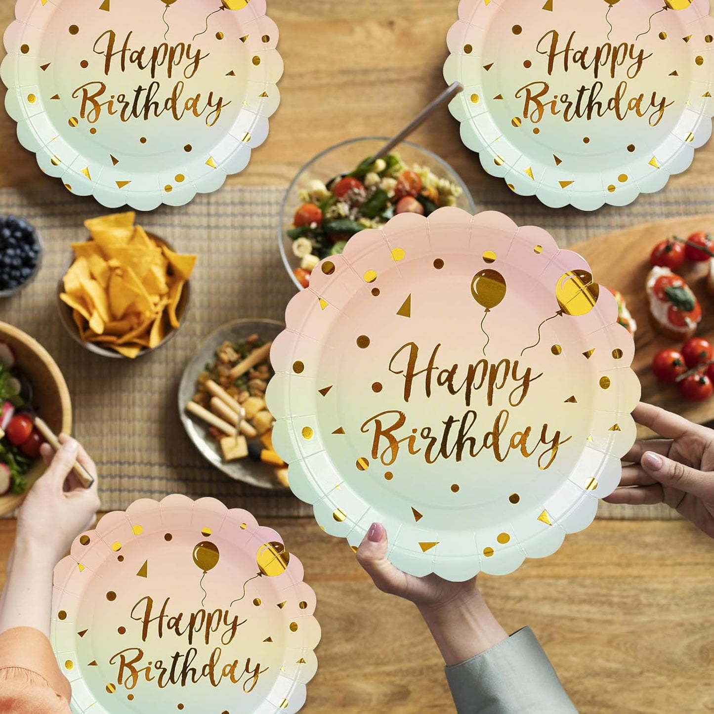 50PCS Pastel Rainbow Birthday Paper Plates, 7 Inch Disposable Happy Birthday Dessert Plates Cake Plate Scalloped Colorful Gold Dot Party Plate Aniversary Party Supplies Decorations for Boys Girls