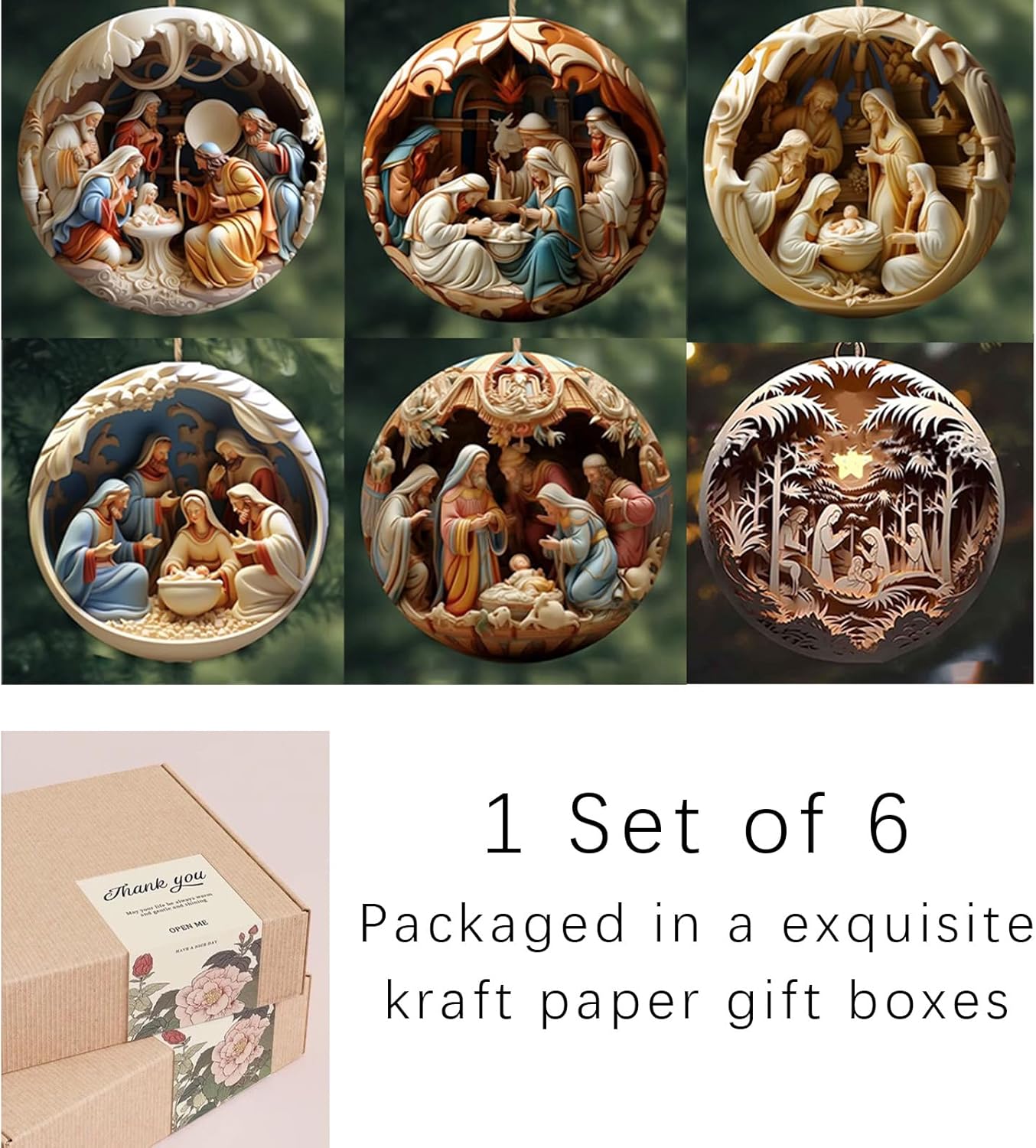 6 Pack Nativity Scene Ornaments - 3.15'' Diameter & Gifts Boxed Keepsake | Christmas Tree Nativity Scene Hanging Ornaments, The Birth of Jesus Decor, Religious Gifts for Christian & Family