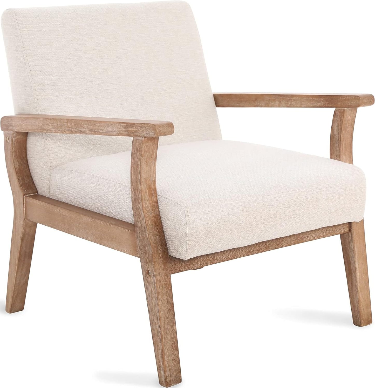 Accent Chair Mid Century Modern Armchair, Linen Upholstered Living Room Accent Armchair with Wood Frame, Farmhouse Chair Indoor Corner Chair for Living Room Bedroom, Ivory