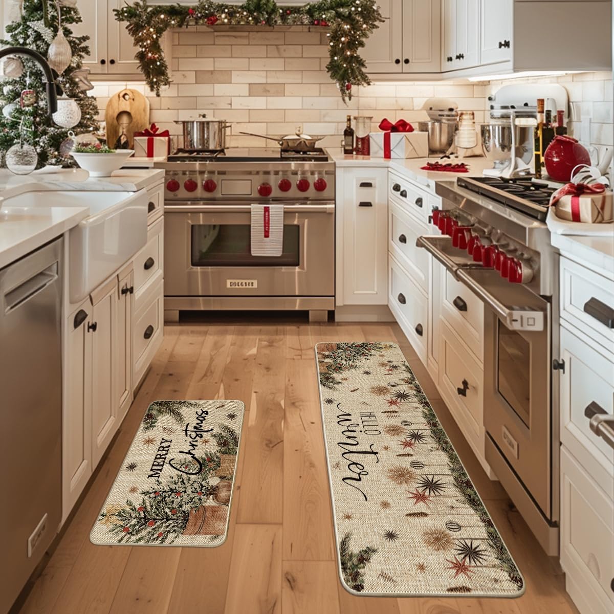 Artoid Mode Holly Ornament Merry Christmas Kitchen Mats Set of 2, Winter Home Decor Low-Profile Kitchen Rugs for Floor - 17x29 and 17x59 Inch