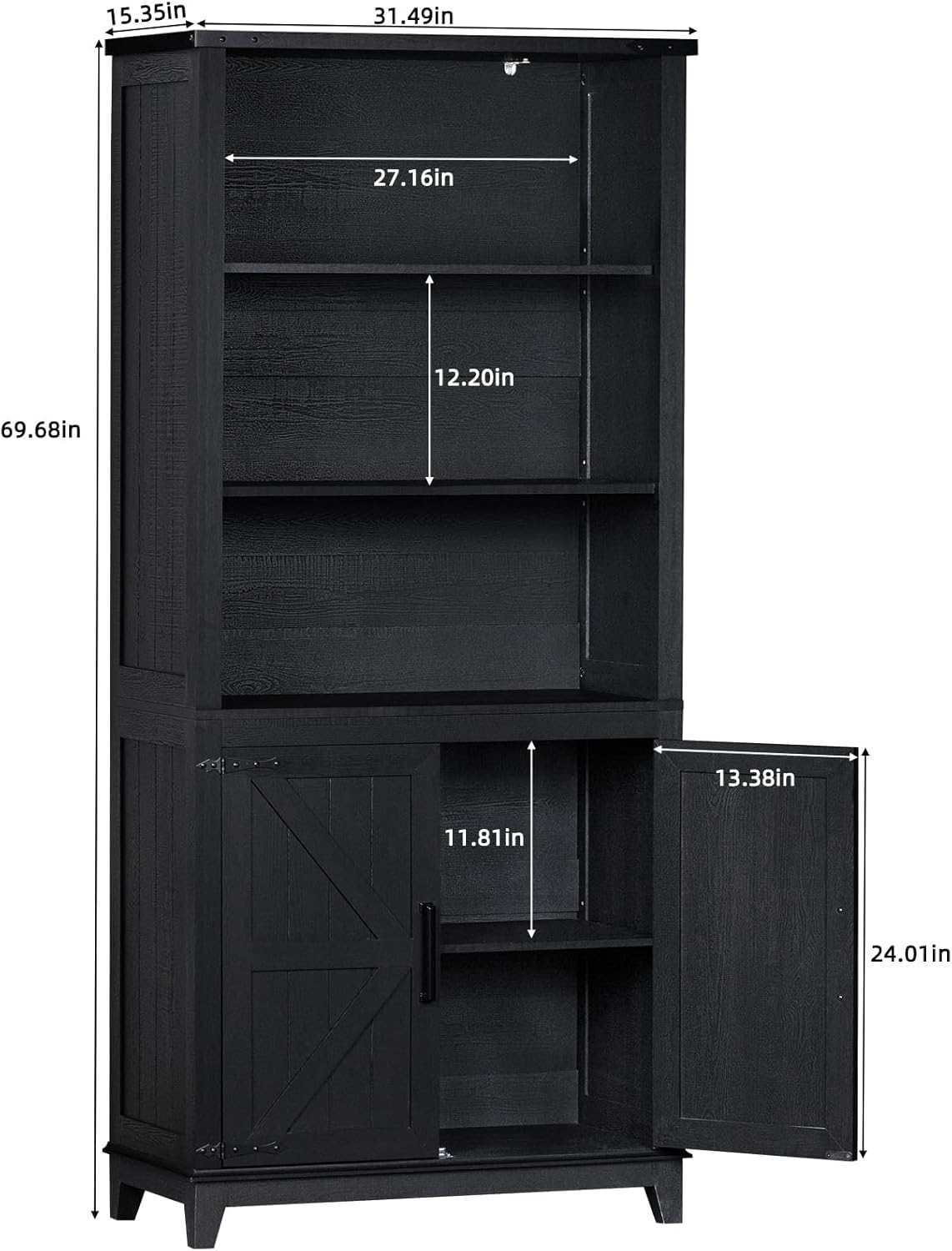 70in Tall Bookshelf 5 Tier Bookcase with Barn Doors and Adjustable Shelves, Black Farmhouse Book Shelf with Storage Cabinet, Wood Freestanding Display Bookshelves for Bedroom, Kitchen (3PCS)