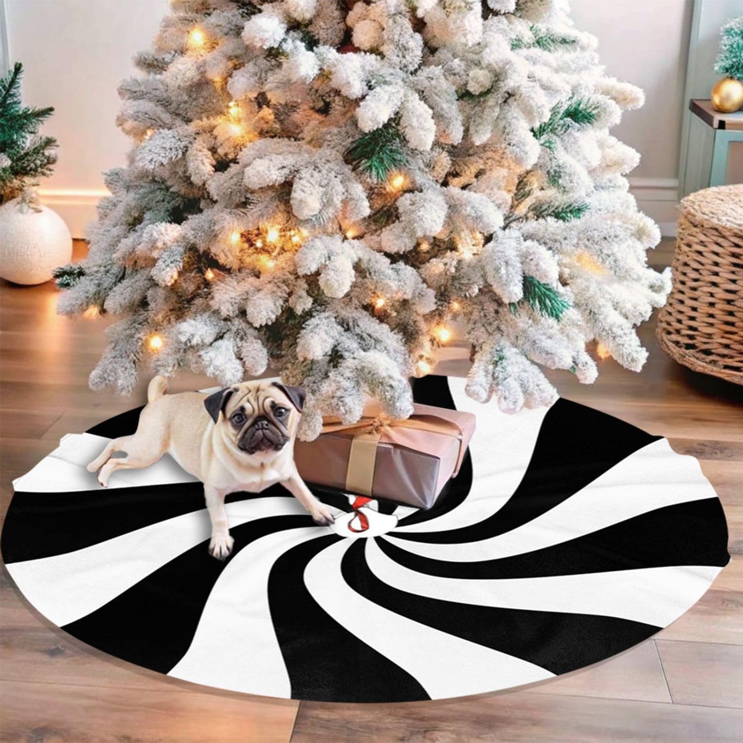 36" Black Sugar Swirl Candy Christmas Tree Skirt, Sweet Peppermint Tree Mat Base Cover for Xmas Festive Holiday Party Decoration Ornaments
