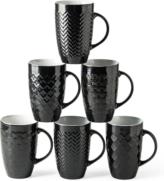 AmorArc Large Coffee Mugs Set of 6, 20oz Ceramic Tall Coffee Mugs Set with Textured Geometric Patterns for Latte/Tea/Beer/Hot Cocoa, Dishwasher & Microwave Safe, Black