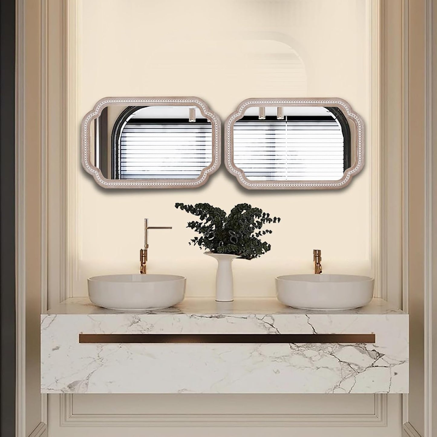 36x24'' Boho Decorative Wall Mirrors with Beaded, Wooden Scalloped Bathroom Mirrors for Over Sink, Farmhouse Style for Bedroom, Living Room, Entryway - Vertical/Horizontal Hanging