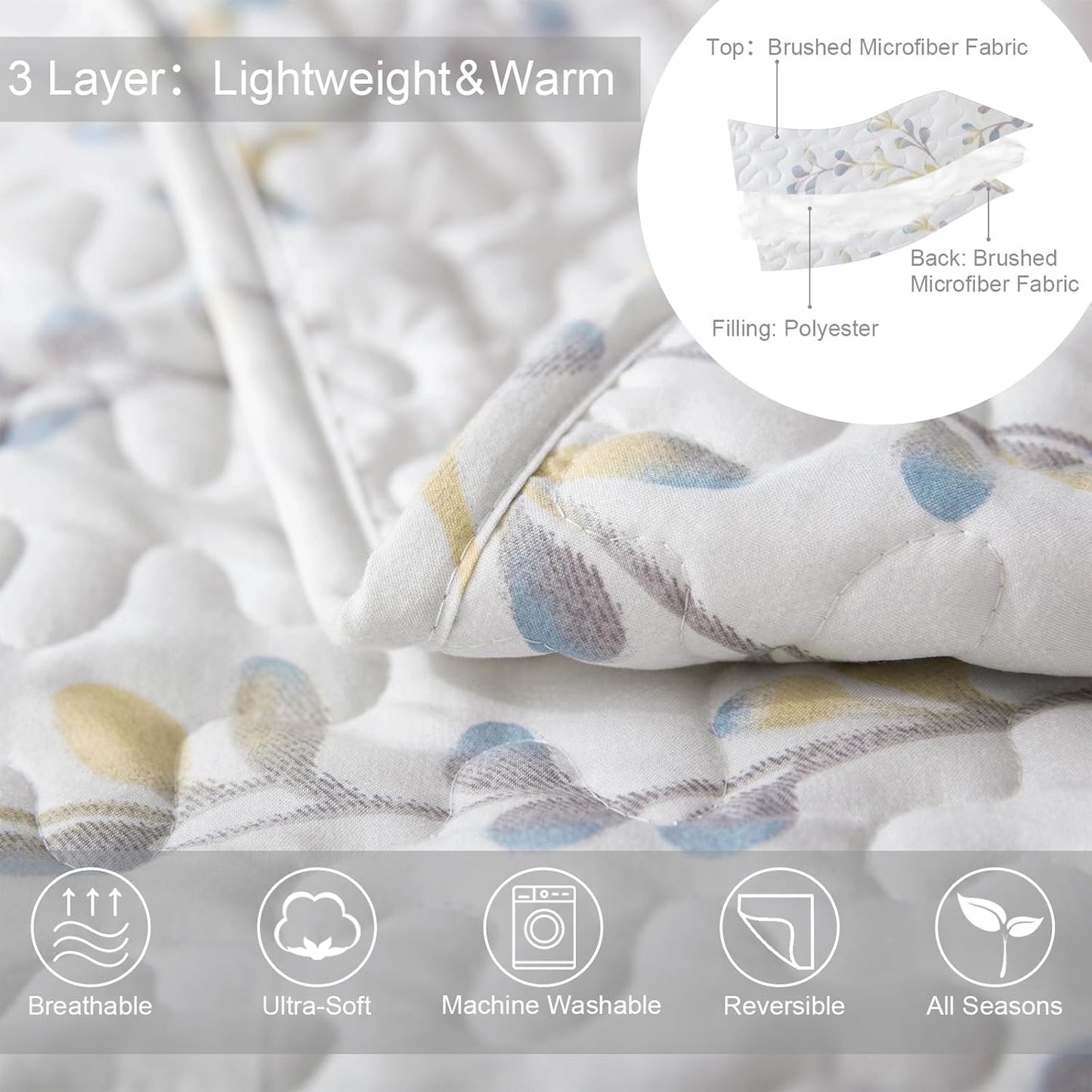 Exclusivo Mezcla Reversible Boho Quilt Set King Size, 3 Pieces Flowers White All Season Bedspreads, Ultra Soft Floral Coverlet Bedding Set with Printed Pattern (1 Quilt, 2 Pillow Shams)