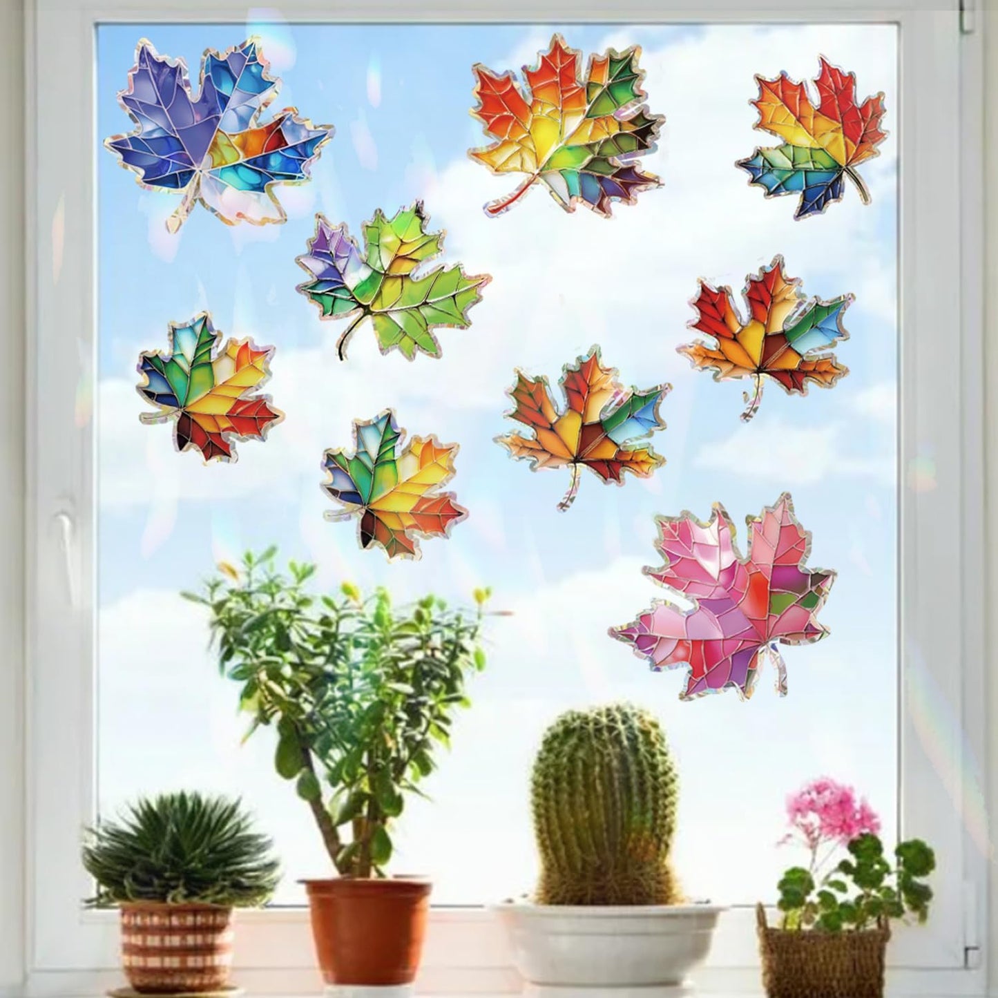 14pcs Window Decals for Bird Strikes, Anti Collision Window Clings, Rainbow Reflection Window Sticker, Maple Leaf Style Sun Catcher Stickers for Glass Windows