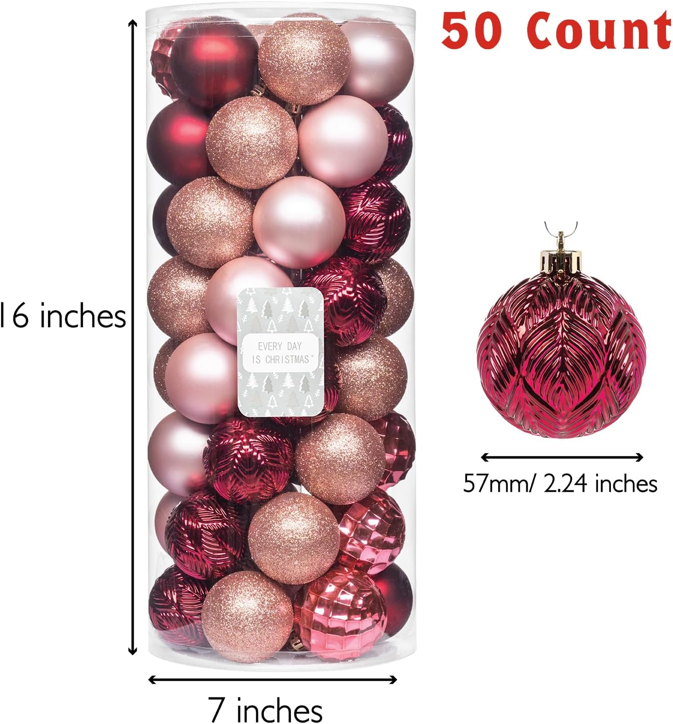 Every Day is Christmas Ornaments, Shatterproof Christmas Tree Ornament Set, Christmas Balls Decoration 50 Count (2.24"/57mm, Pink Rose)