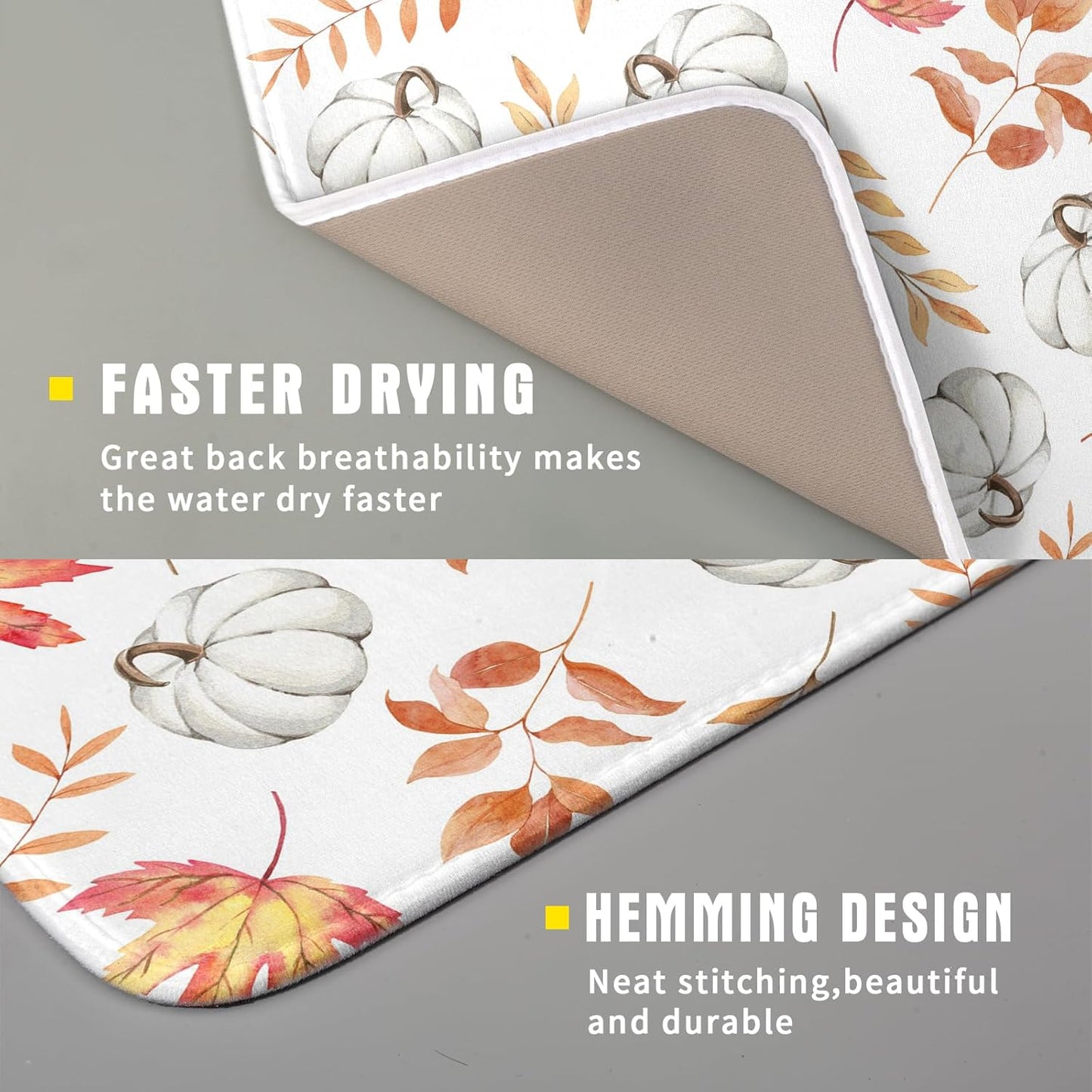 Fall Dish Drying Mat for Kitchen Counter Autumn White Pumpkins Maple Leaves Seasonal Super Absorbent Reversible Microfiber Kitchen Countertop Protector Dishes Pad Small 16x18 inch