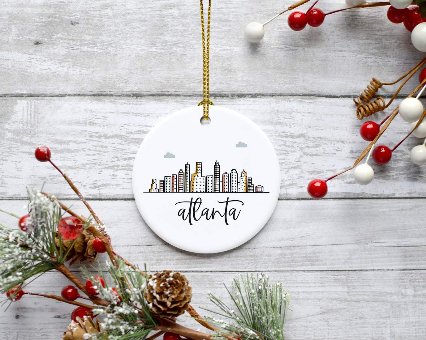 Andaz Press Round Ceramic Porcelain Christmas Tree Ornament, Atlanta Colorful City Skyline Graphic, 1-Pack Birthday Ideas Family Coworker Gift, Includes Gift Box