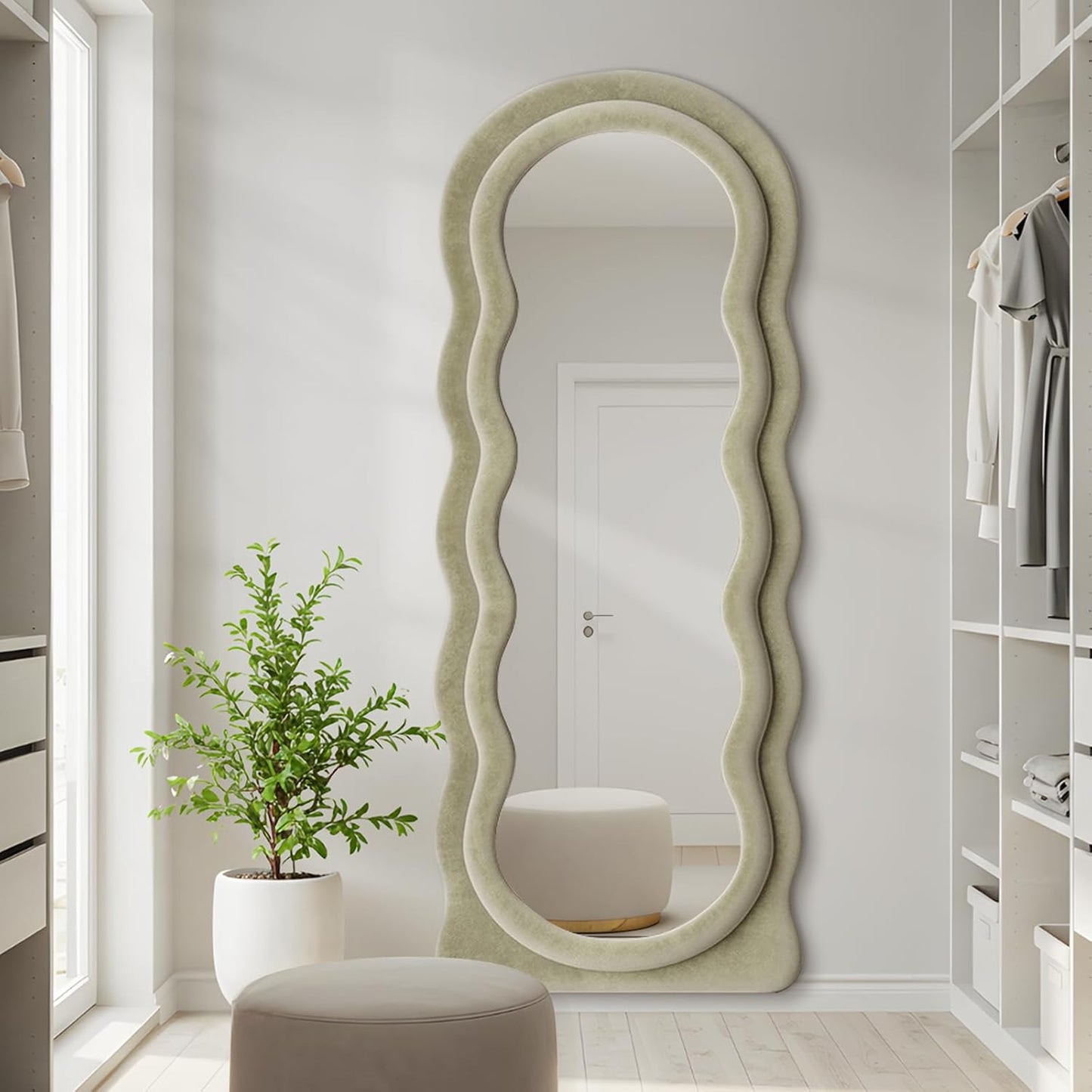 Full Length Mirror 63"x24" Arched Wavy Full Body Wall Mounted Floor Mirror with Stand Sage Flannel Frame Leaning Hanging Wall Mirror for Bedroom Entrance Hallway
