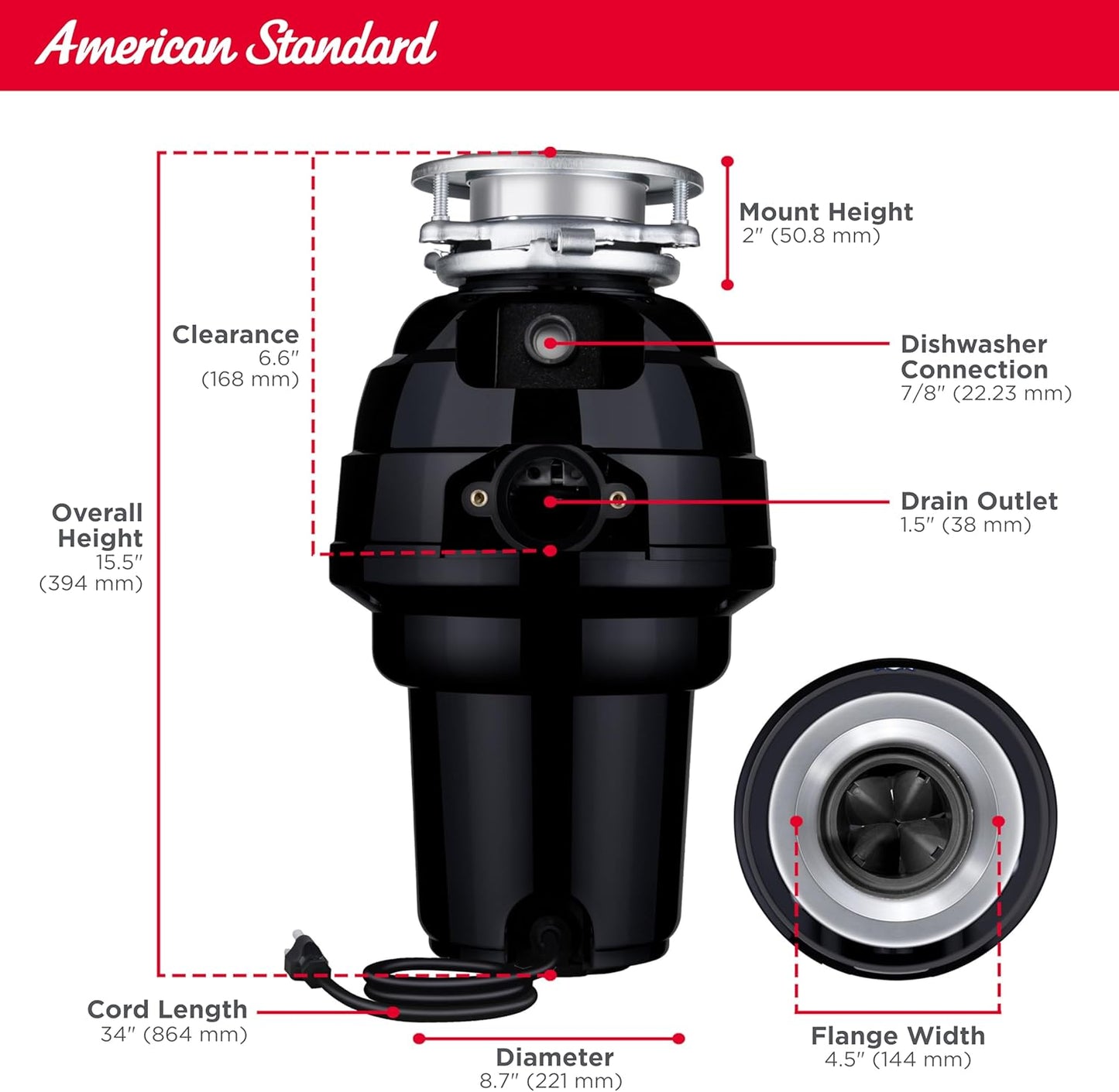 American Standard 10-US-AS-12 Garbage Disposal Anti-Jam Stainless Steel Food Waste Grinding System, Heavy Duty, 1.25 HP, Black