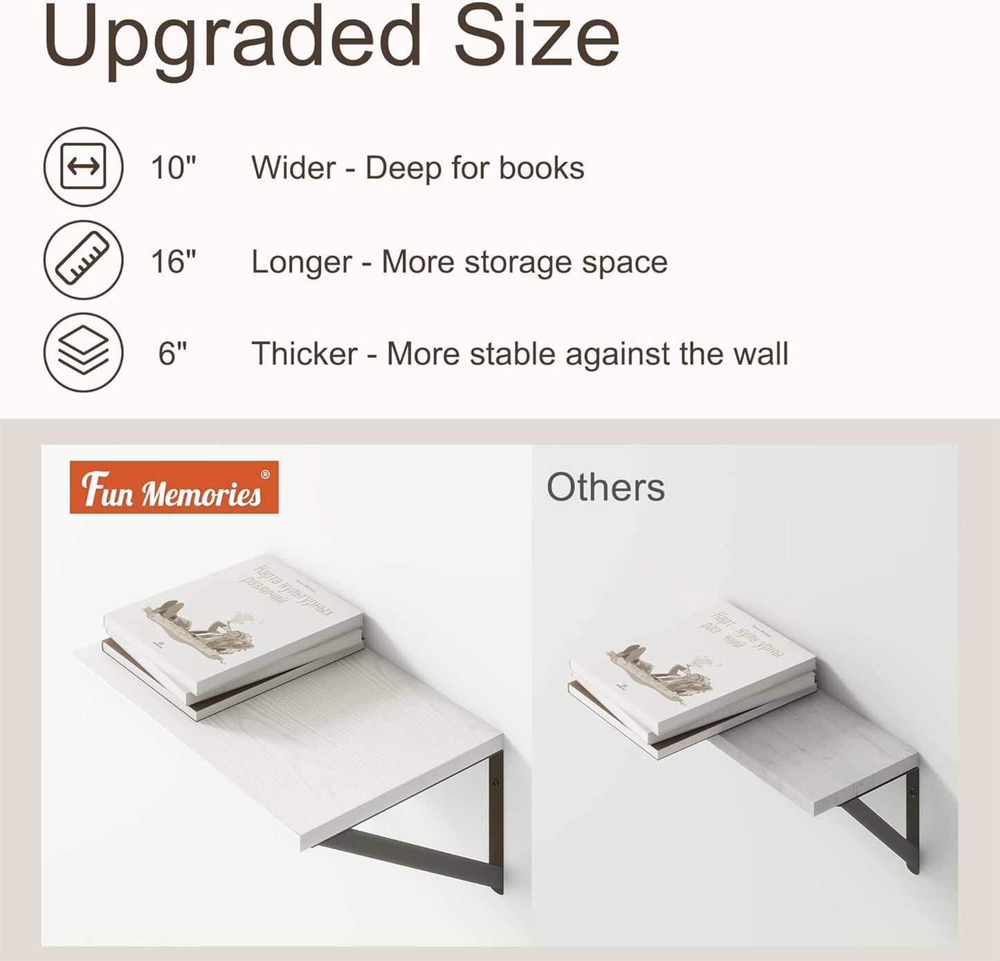 Fun Memories 10 Inch Deep Floating Shelves, White Floating Shelf 16 Inch Long, 16" W x 10" D Wall Shelves Set of 2, Deep Shelves for Books, Wide Floating Shelves for Bahtoom, Living Room, Kitchen