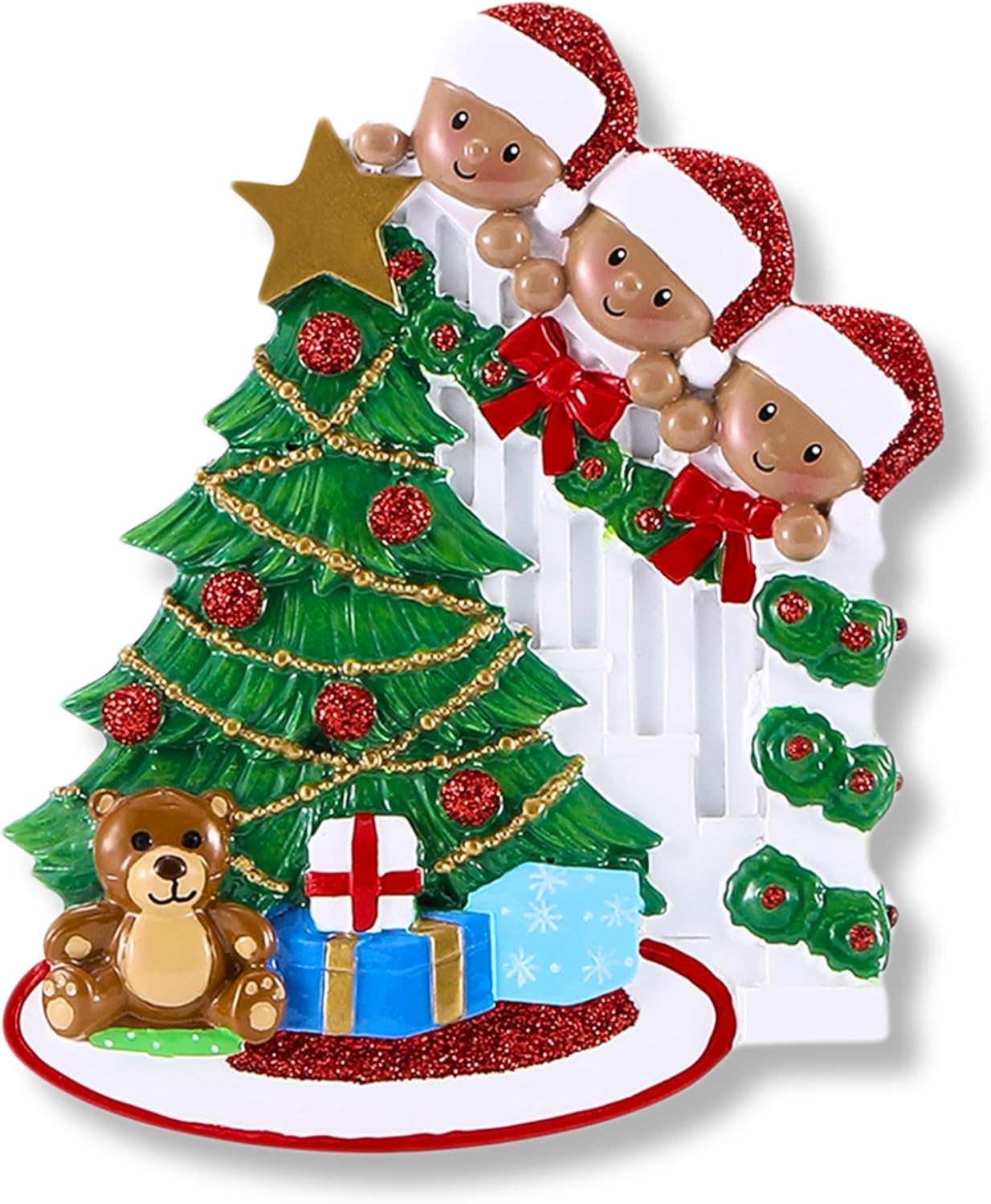 African American Peeking Family of 3 Ornament 2025 Personalized Family Christmas Ornaments 2025 Black Xmas Staircase Personalized Tree Ornaments for Grandchildren Siblings Grandkids of Three Ornament