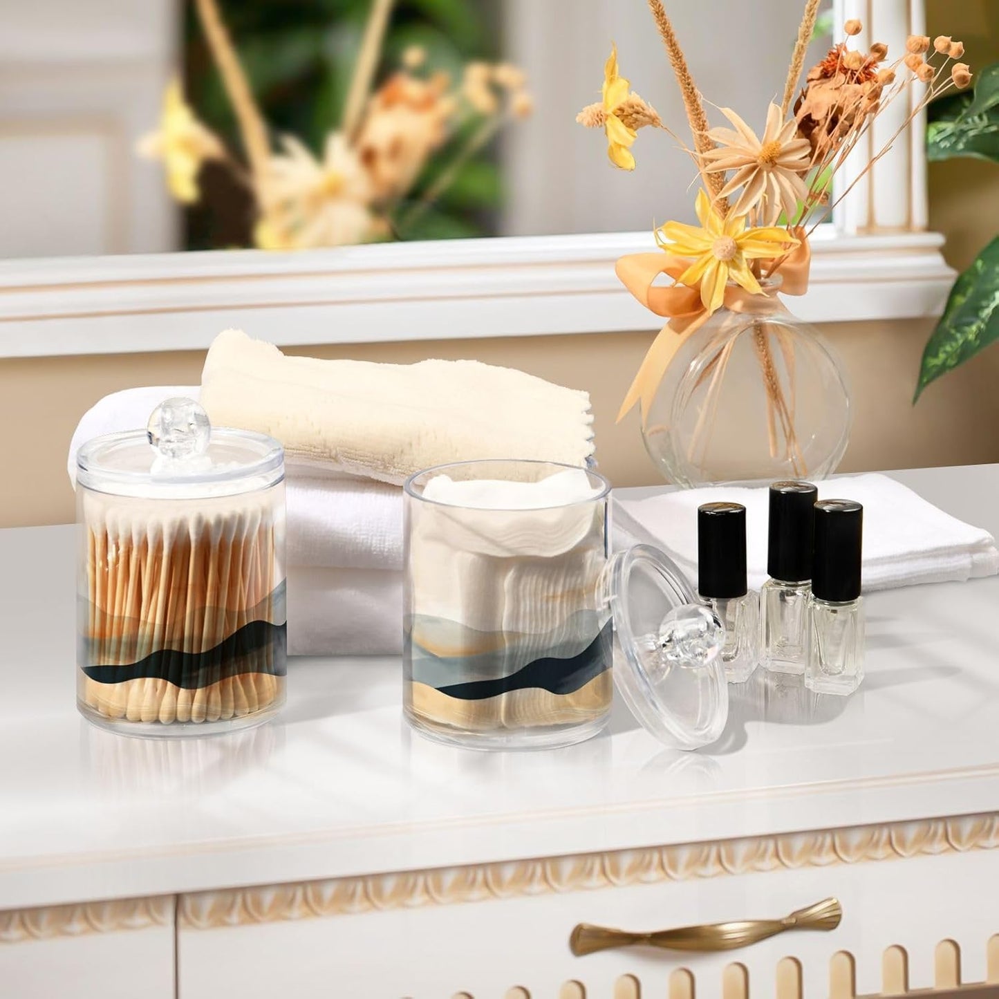 2 Pack Qtip Holder Organizer Dispenser Marble Mountain Bathroom Storage Canister Cotton Ball Holder Container for Cotton Pads/Swabs/Floss