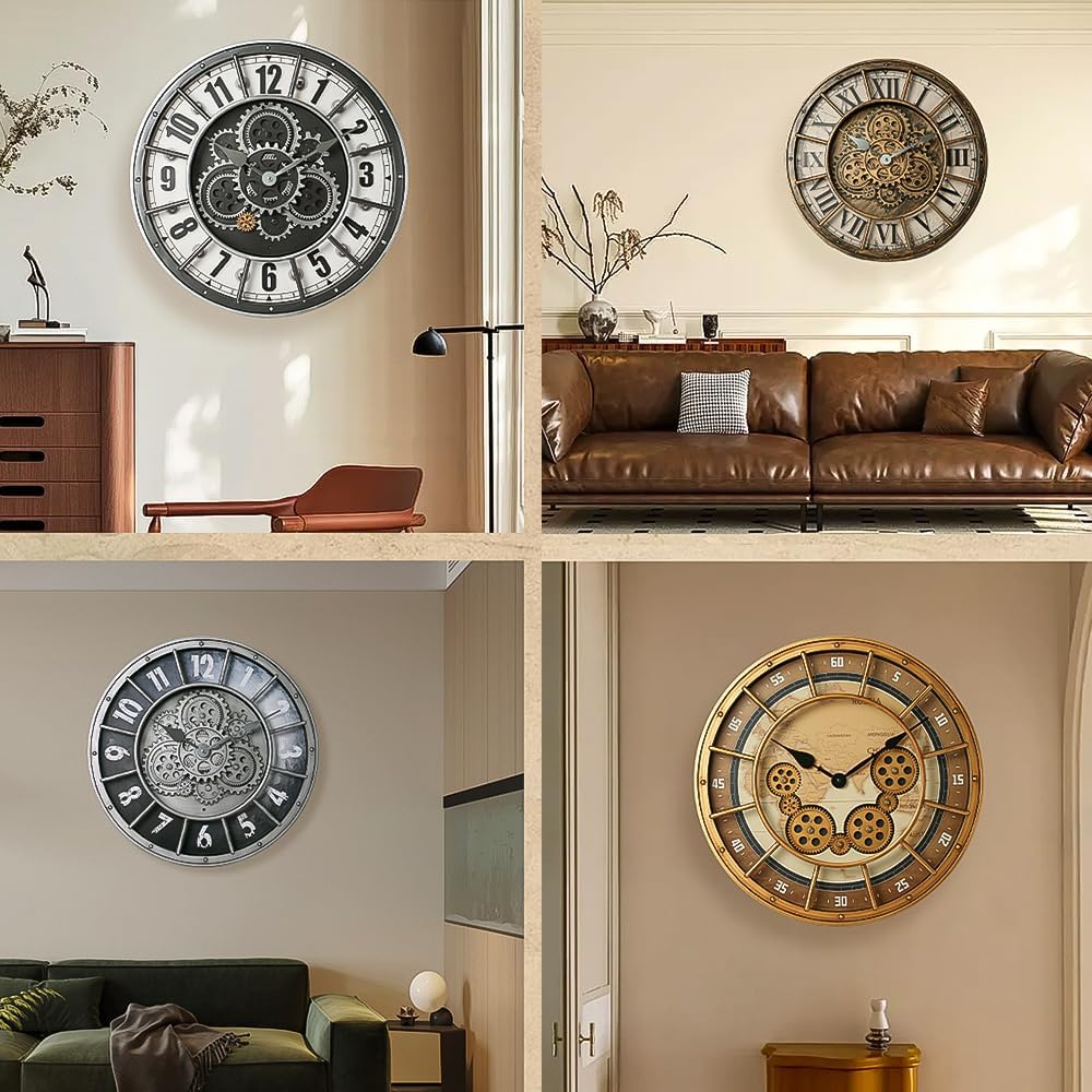 18 Inch Wall Clock with Moving Gears, Oversized Large Industrial Steampunk Decoration, Antique Metal Big Numeral Wall Clocks for Kitchen Study Room Living Room Decor (Matt Metal Silver-Black)