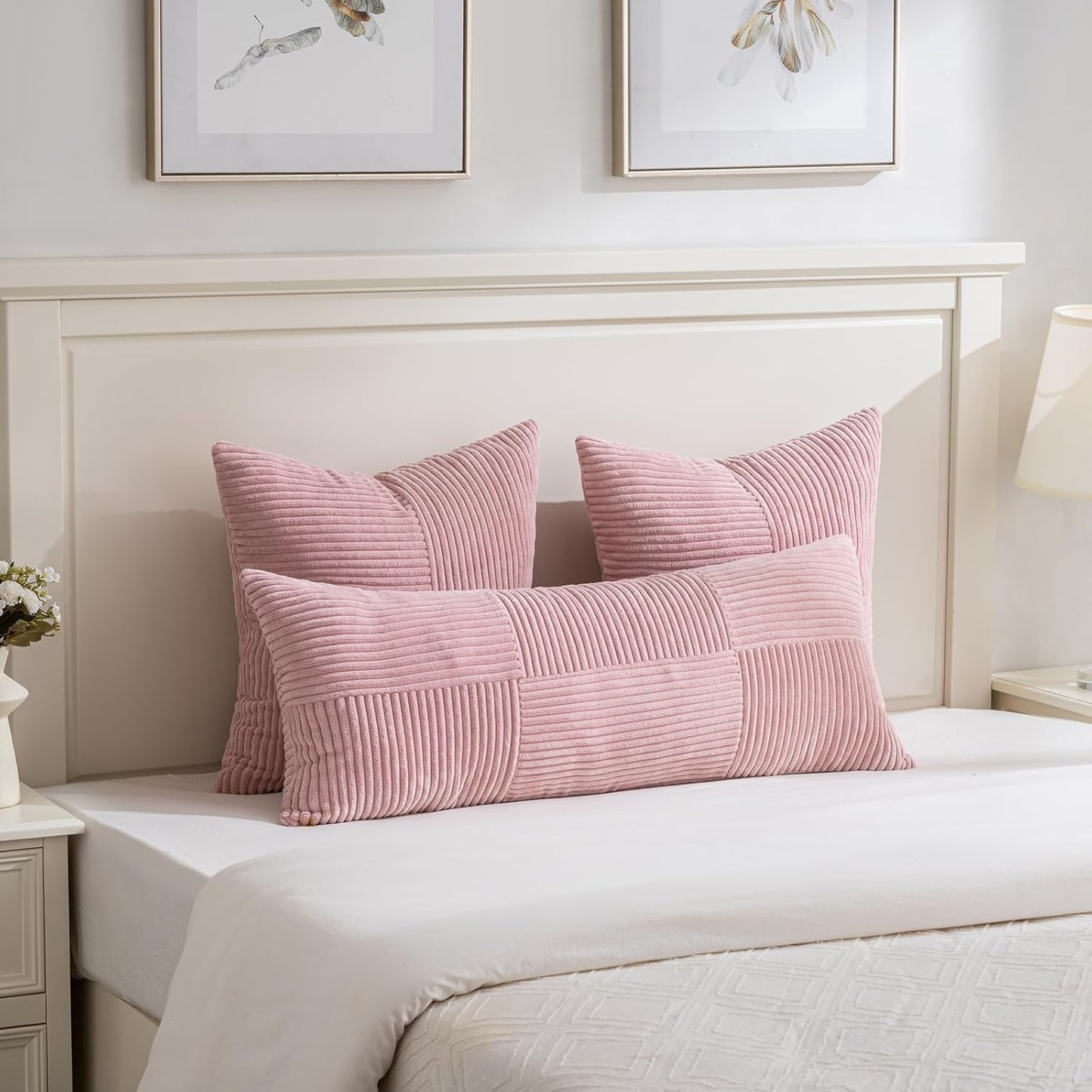 Fancy Homi 2 Packs Blush Pink Decorative Throw Pillow Covers 20x20 Inch for Living Room Couch Bed, Rustic Farmhouse Boho Home Decor, Soft Corss Corduroy Patchwork Accent Square Cushion Case 50x50 cm