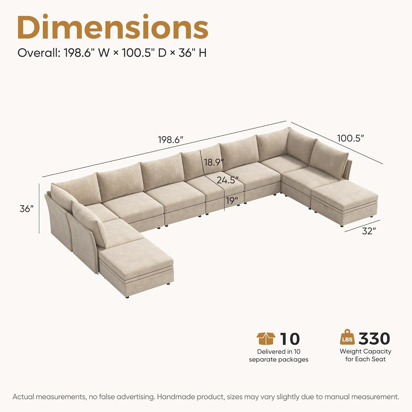 198.6" Oversized Modular Sectional Sofa, U Shaped Convertible Couch with Movable Ottoman, Large 10 Seats Corner Couches for Living Room Deep Seat Beige Chenille