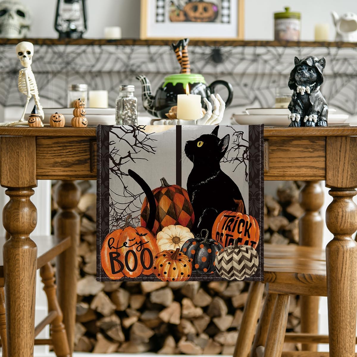 Artoid Mode Black Cat Pumpkins Boo Halloween Table Runner, Trick Or Treat Seasonal Kitchen Dining Table Decoration for Home Party Decor 13x36 Inch