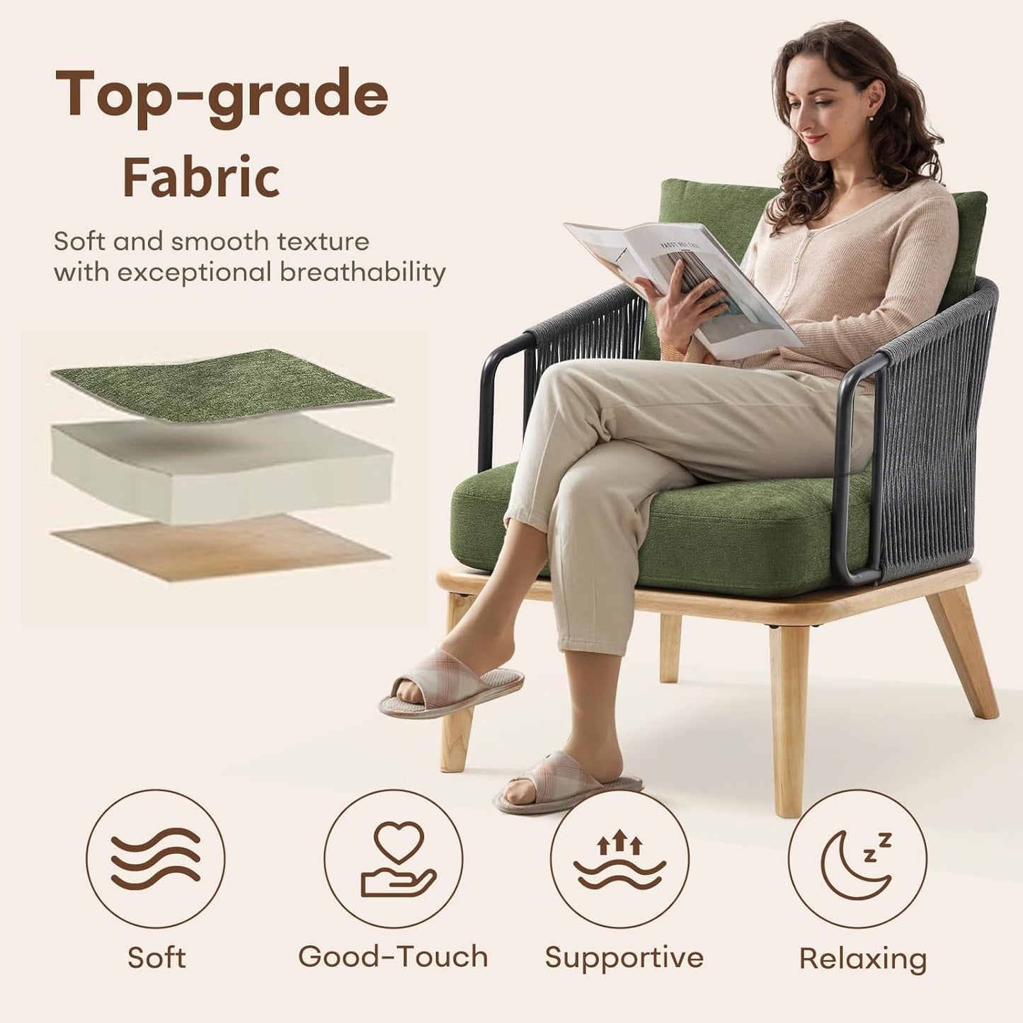 ANJ Accent Chair,Mid-Century Modern Reading Chair with Braid Armrests, Armchair for Living Room Bedroom Outdoor