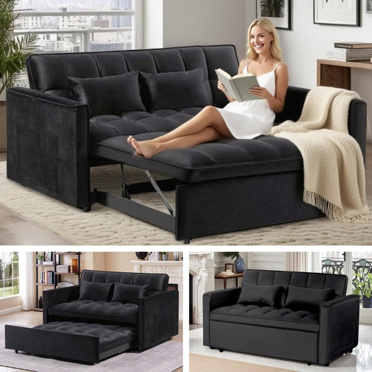 3 in 1 Sleeper Sofa Bed, Futon Sofa Bed for Living Room with Side Pocket, Black Sleepers Sofas Couch with Pullout Beds, Convertible Love Seat Sleepers Couch for Living Room, Bedroom,