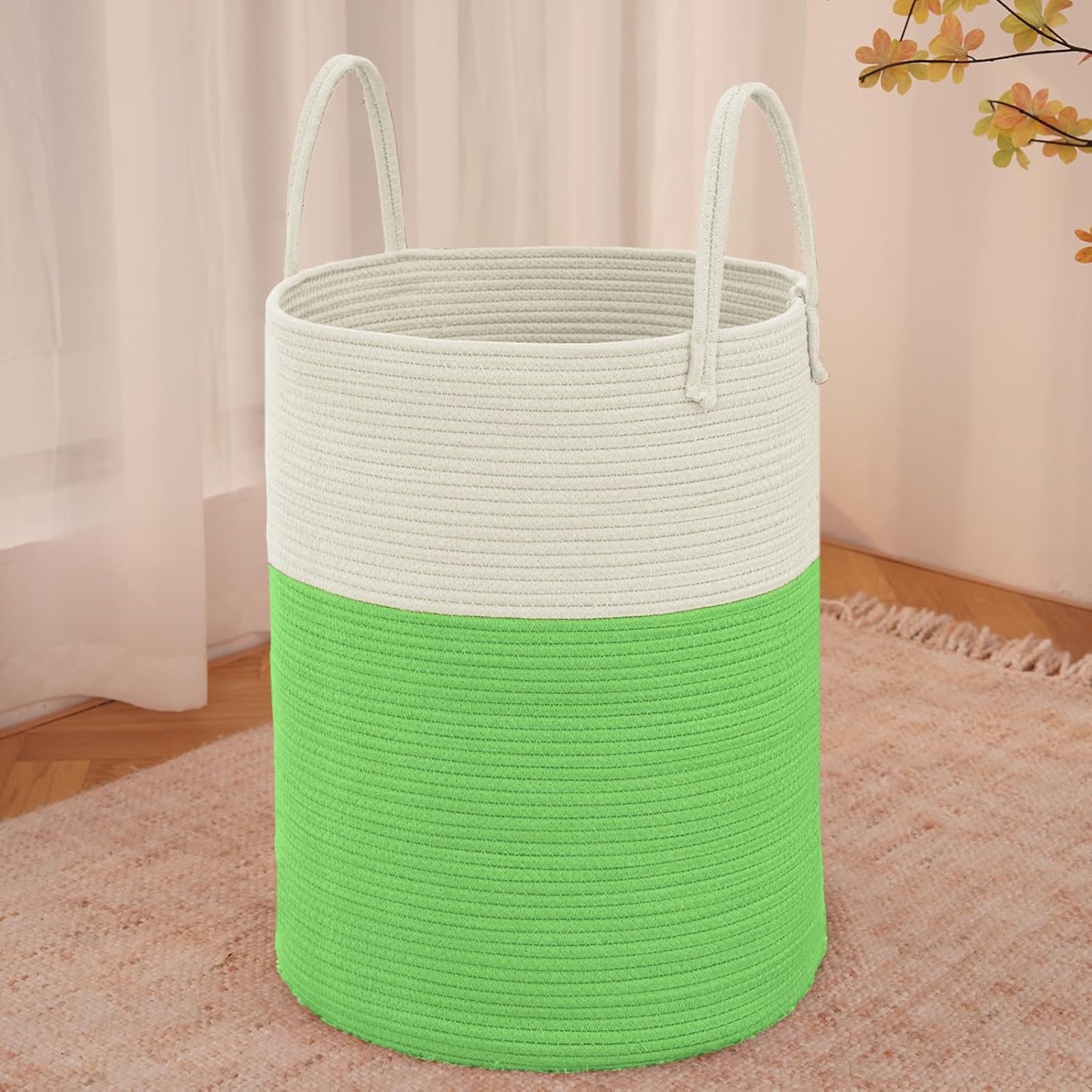 Large Woven Laundry Basket Hamper,100L Cotton Rope Storage Bin for Blankets,Toys and Clothes,Decorative Tall Nursery Hamper for Living Room,Baby Nursery,Bathroom and Bedroom,Light Green
