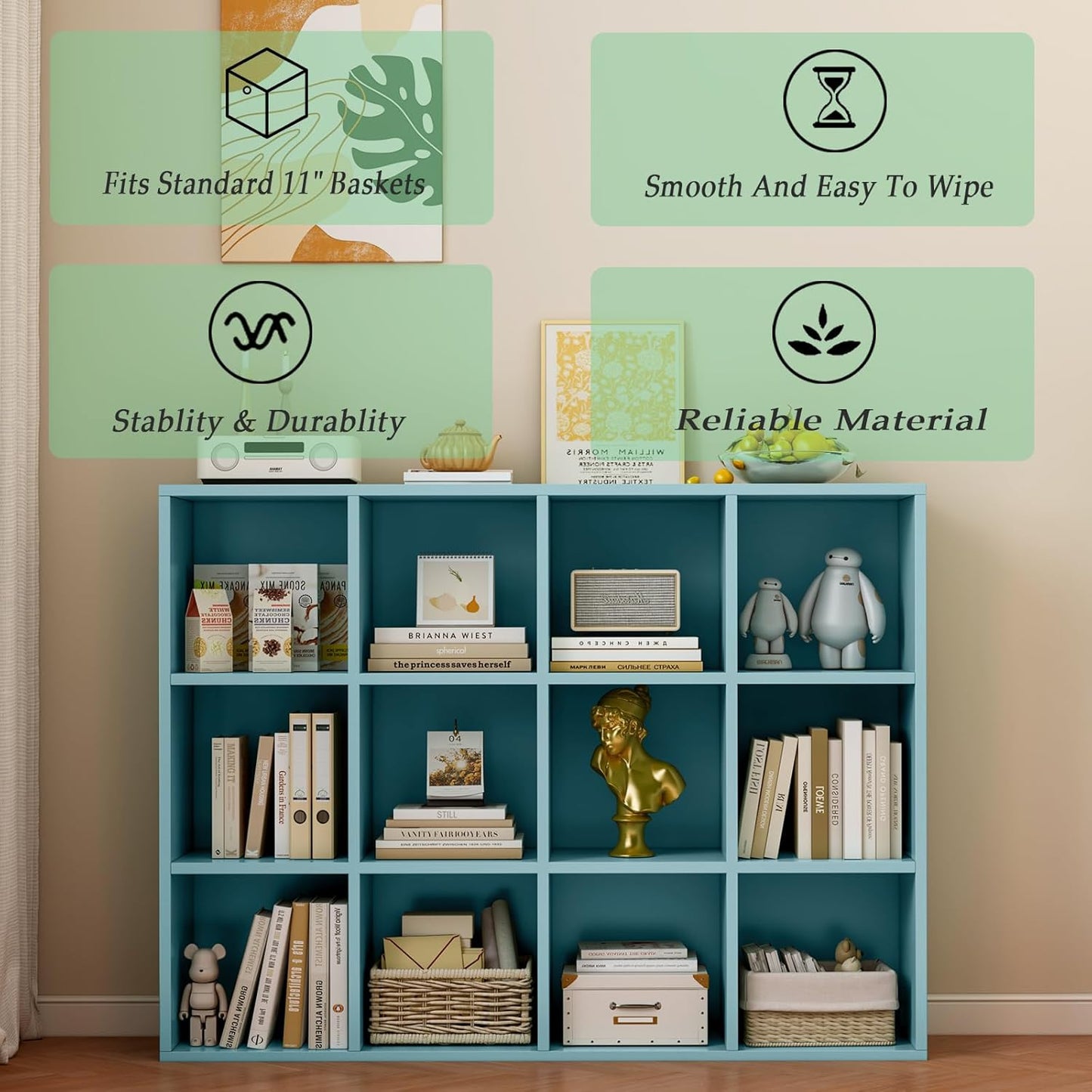 12-Cube Storage Shelf Bookcase - Wooden 3-Tier Floor Standing Open Bookshelf for Home and Office, Display Cabinet, Light Blue