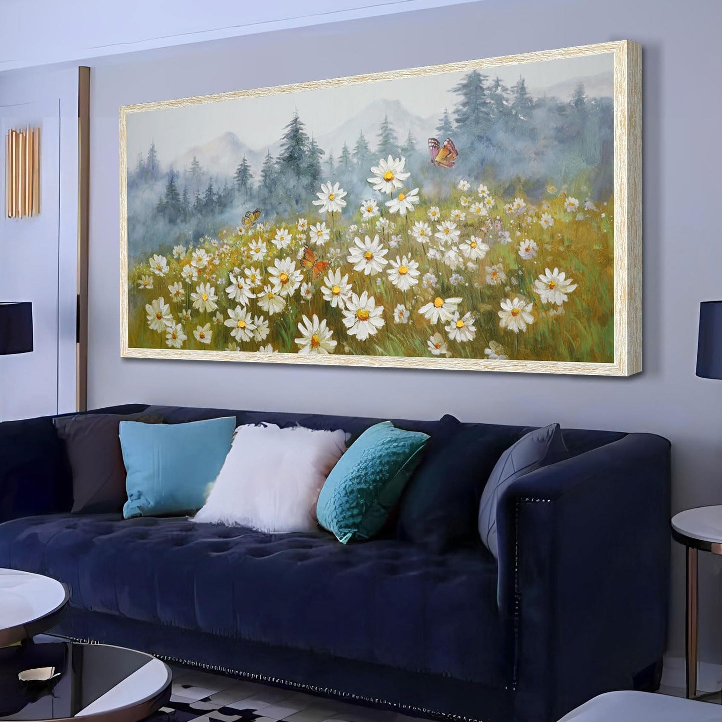 Arjun Flower Wall Art Canvas Landscape Daisy Painting Mountain Picture White Daisy Textured Floral Artwork for Living Room Bedroom Bathroom Office Home Wall Decor, Large Wood Grain Framed 40"x20"