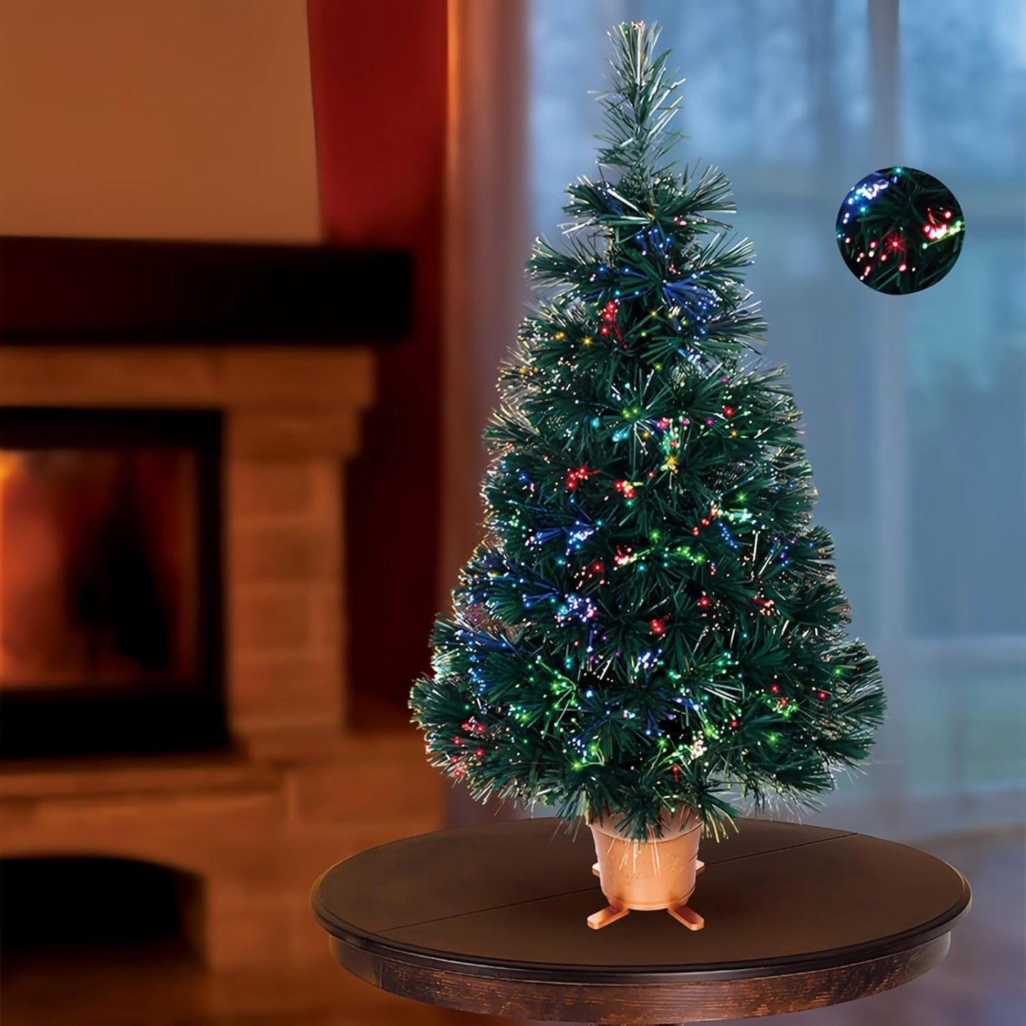 32 inch Green Pre-lit Small Fiber Optic Christmas Tabletop Tree with Gold Pot and Adaptor