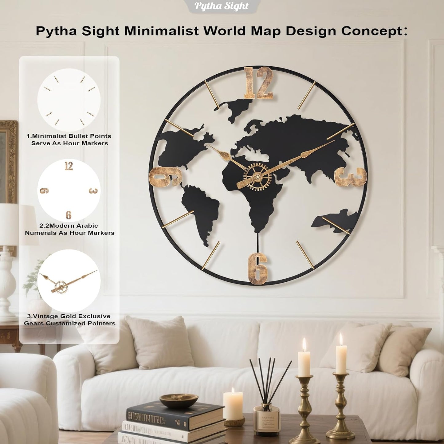 24 Inch Large Wall Clock,Modern Decorative Big World Map with Vintage Gold Arabic Numeral Extra Giant Metal Oversized Wall Clocks for Living Room,Office,Kitchen,Dining Room,Bedroom