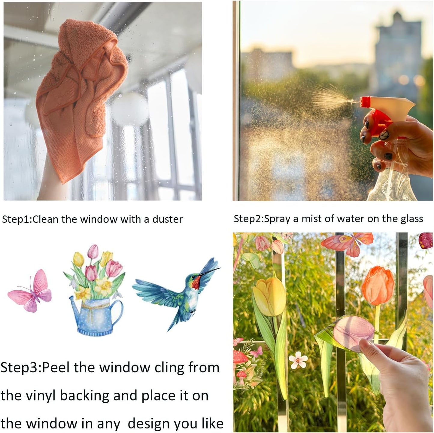 83 PCS Summer Window Clings Spring Flower Window Stickers Decorations for Glass Windows, Easter Tulip Butterfly Flower Window Decals