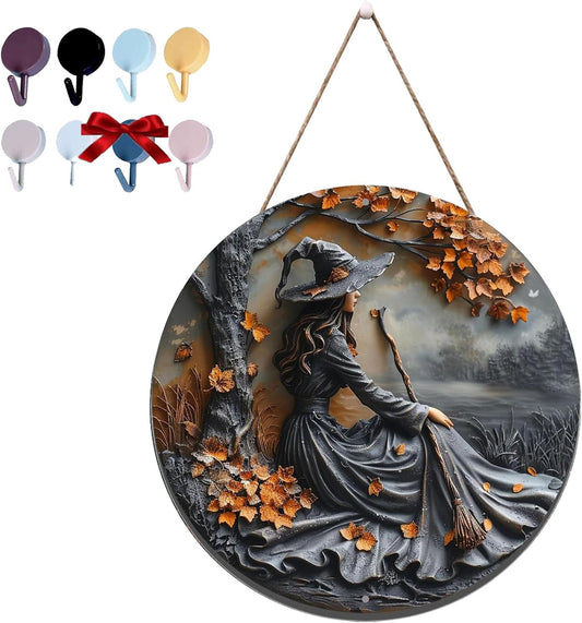 Fanyil/Olygee/Sherum/Shirem/Pubyfun/Glosrity/Libilin/Graddi/Solymody/Gowebs/Goredny/Vianys Witching Hour, Door Way Hanging Decor Halloween, 2D Wooden Round Witches Sign (B, ‎7.87")