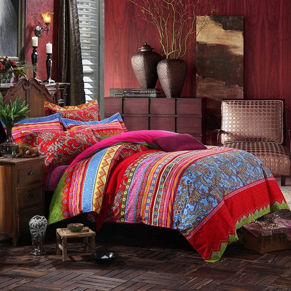 ABREEZE Bohemian Duvet Cover Set Colorful Red Boho Retro Bedding Set Damask Paisley Cotton Duvet Cover Tribal Reversible Bedding Exotic Style Comforter Cover 3-Piece Twin