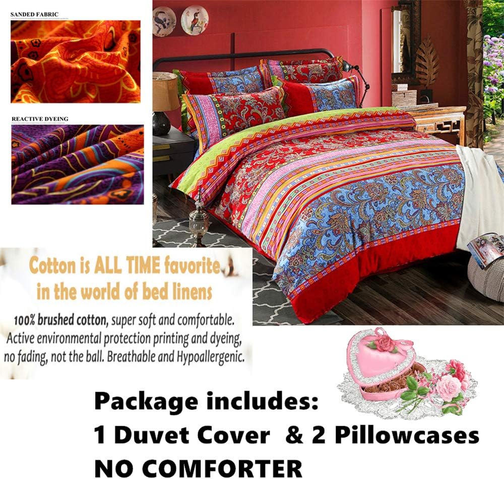 ABREEZE Bohemian Duvet Cover Set Colorful Red Boho Retro Bedding Set Damask Paisley Cotton Duvet Cover Tribal Reversible Bedding Exotic Style Comforter Cover 3-Piece King