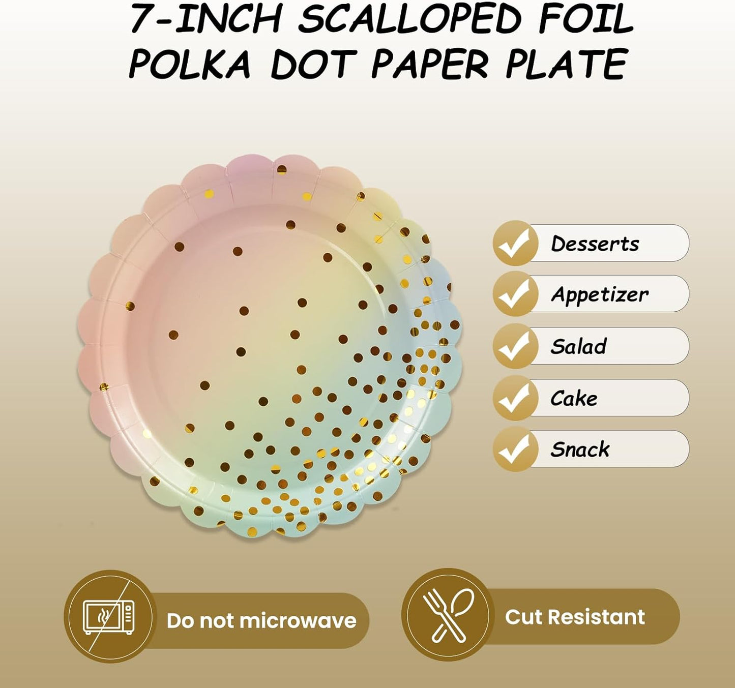 50PCS Pastel Rainbow Paper Plates, 7 Inch Scalloped Colorful and Gold Dot Party Plates Disposable Dessert Plate Cake Plate Pastel Party Supplies Decorations for Birthday Aniversary