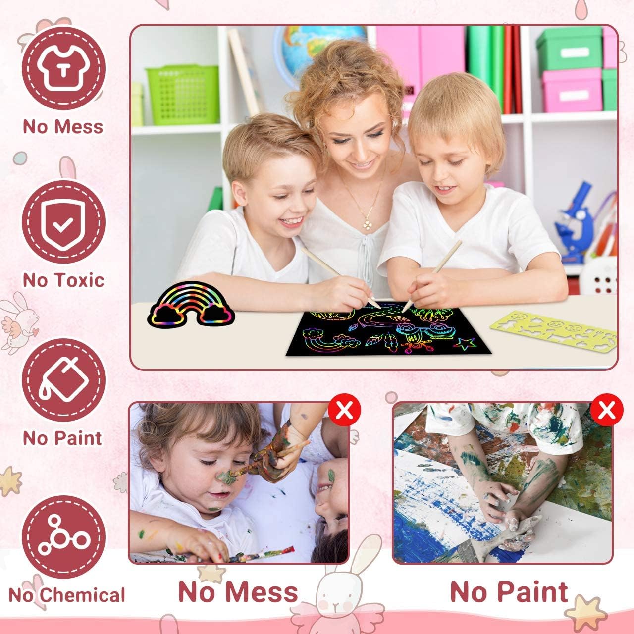 ZMLM Scratch Rainbow Art Paper Set - 100Pcs Magic Scratch Off Art Craft Supplies Kits for Kids Girls Boys Black Scratch Notes Sheet Doodle Pad for Fun DIY Toy Party Favors Christmas Birthday Gift